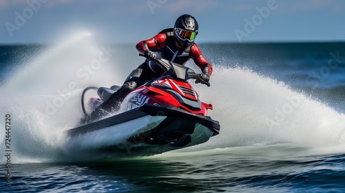 A jet ski rider enjoying the thrill of a big wave in the ocean