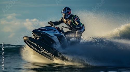 A jet ski rider enjoying the thrill of a big wave in the ocean © Ameer