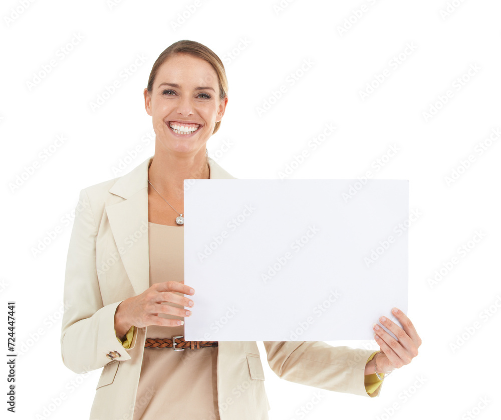 Professional woman, poster mockup and studio presentation for advertising opportunity, news or information. Portrait of business or face of happy person with paper space or sale on a white background Professional woman, poster mockup and studio presentation for advertising opportunity, news or information. Portrait of business or face of happy person with paper space or sale on a white background