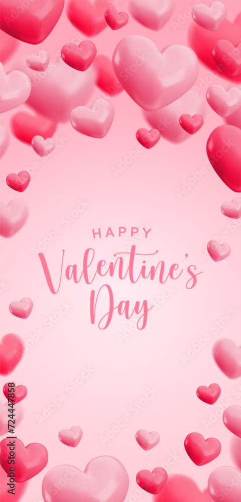 Vector Valentines day vertical banner template with cute flying pink heart balloons. Glossy realistic 3d render hearts on soft gradient pink background. Cartoon 3d design for web banner, greeting card