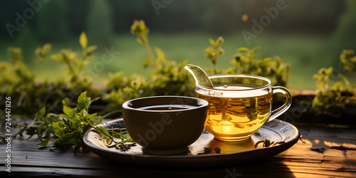 Teapot and cup of tea in garden