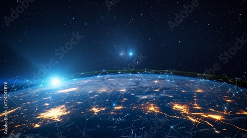 Photo night earth global virtual internet world connection of metaverse technology network digital communication and worldwide networking on connect 3d background. 