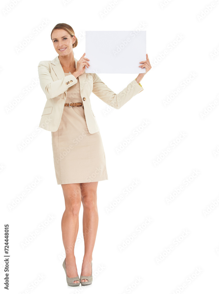 Professional woman, poster mockup and presentation for advertising job opportunity, news or information in studio. Portrait of business or HR person with paper and career space on a white background