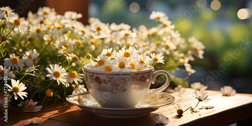 Ceramic cup with flowers in garden