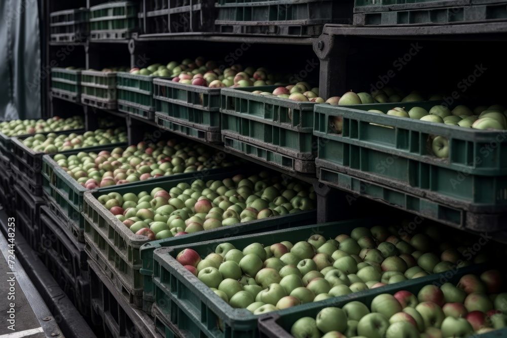 Apple filled containers truck plastic boxes. Unload seasonal container farming logistic. Generate Ai