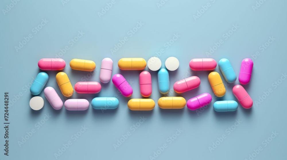 Colorful pill capsule on a blue background. Medication, healthcare, treatment theme Colorful pill capsule on a blue background. Medication, healthcare, treatment theme