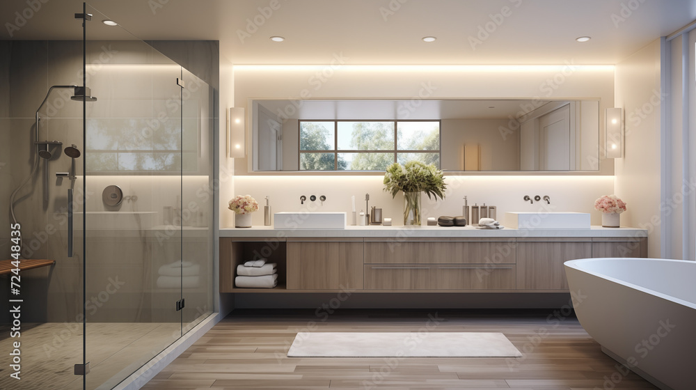 modern bathroom with a glass shower, with two sinks and mirrors above them. modern bathroom with a glass shower, with two sinks and mirrors above them.