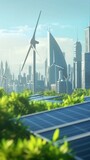 Illustration of a modern city powered entirely by renewable energy, with wind turbines and solar panels in the background