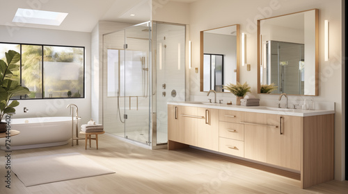 modern bathroom with bathtub under the window, shower cabin and modern fittings and furniture