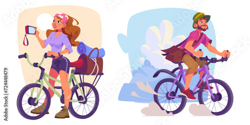 Tourists ride bicycle while travel or on active recreation. Cartoon vector eco tourism concept with man driving bike on natural background, woman taking photo on camera. Young people cycling at summer