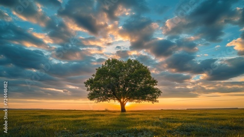 wide angle shot of a single tree growing under a clouded sky during a sunset surrounded by grass   
