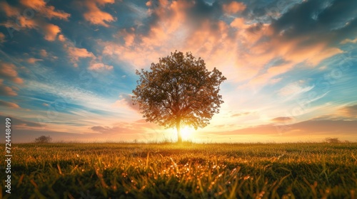 wide angle shot of a single tree growing under a clouded sky during a sunset surrounded by grass 