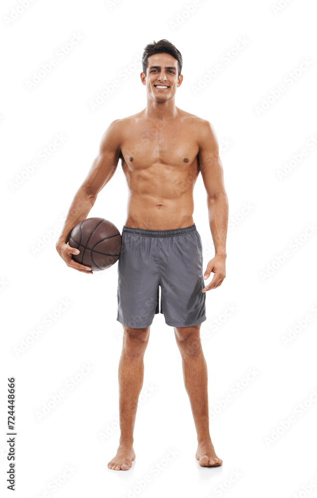 Happy man, portrait and basketball in fitness for sports, exercise or workout against a white studio background. Active male person or athlete smile for ball game, match or practice on mockup Happy man, portrait and basketball in fitness for sports, exercise or workout against a white studio background. Active male person or athlete smile for ball game, match or practice on mockup