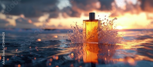 A luxury bottle perfume on the water water splash with macro view. Generated AI image