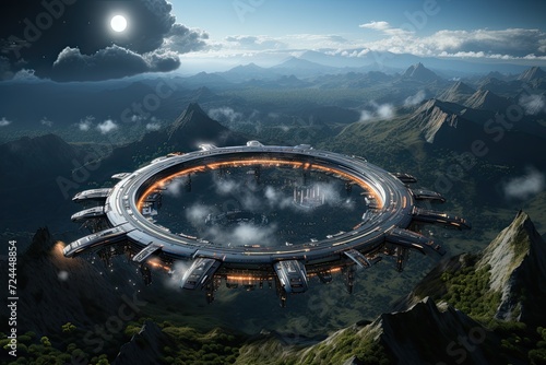 Fototapeta Naklejka Na Ścianę i Meble -  Fantastic space station that enables long-distance travel in the universe. Futuristic space station in deep space. Sci-fi wallpaper, Generative AI