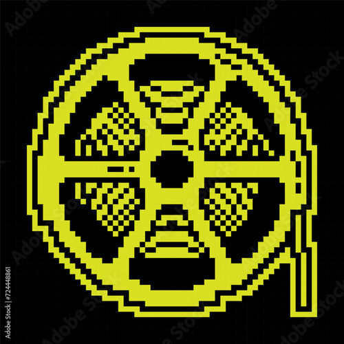 Pixel silhouette icon. Reel with old 35 mm photo film. World cinema day December 28th. Simple black and yellow vector
