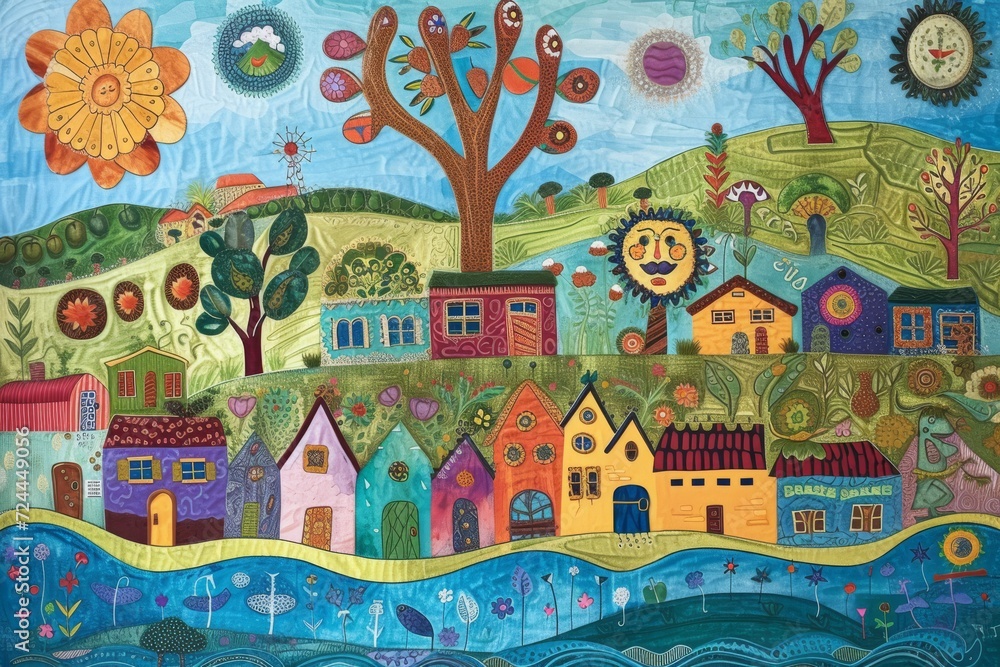 A folk art depiction of a community living sustainably, with scenes of organic farming, solar energy, and eco-friendly homes