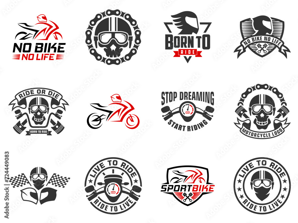 Obraz premium Set of vintage motorcycle and sport bike logo. custom, race, ride, sticker, motor, helmet, ribbon, repair, shirt, speed, wheel, club, engine, badge, print, vehicle, drive, emblem