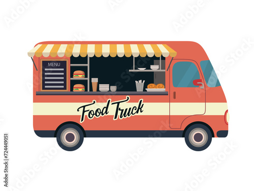 Red truck with street fast food. Retro van side view. Flat vector illustration isolated on white background
