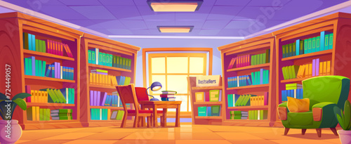 School public library or bookshop interior with wooden cabinet with paper book rows on shelves, desk with stack of literature and lamp, chairs and armchair, flower in pot. Cartoon vector illustration.