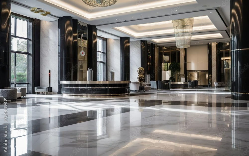 Empty luxury hotel lobby, with sleek modern design and chic decor. Elegant expensive materials like marble, metal, stone. AI Generative.