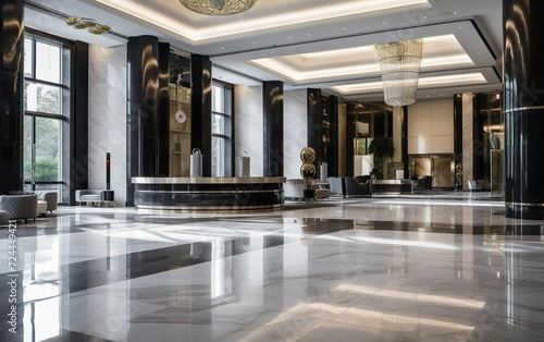 Empty luxury hotel lobby  with sleek modern design and chic decor. Elegant expensive materials like marble  metal  stone. AI Generative.