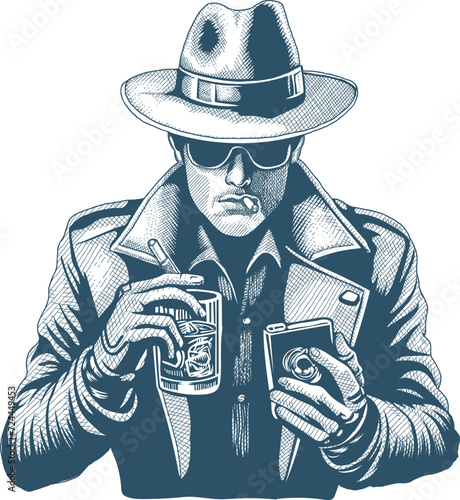 man holding phone and whiskey in vintage style