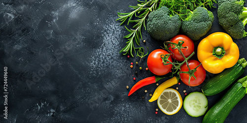 Vegetables and herbs on dark background. Top view with copy space.