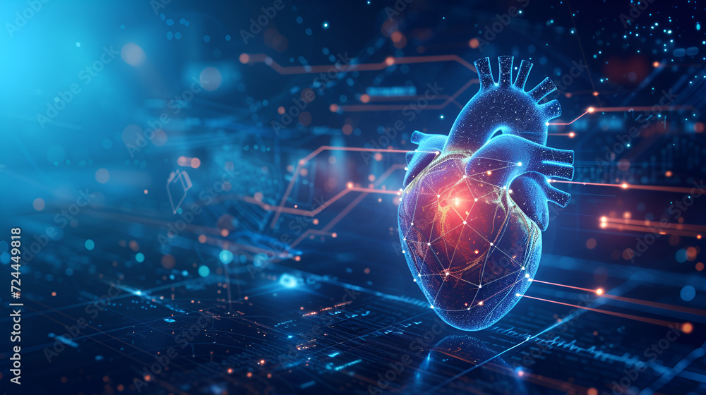 futuristic medical research or heart cardiology health care with diagnosis vitals infographic biometrics for clinical and hospital stethoscope and catheter services as wide banner, generative ai - obrazy, fototapety, plakaty 