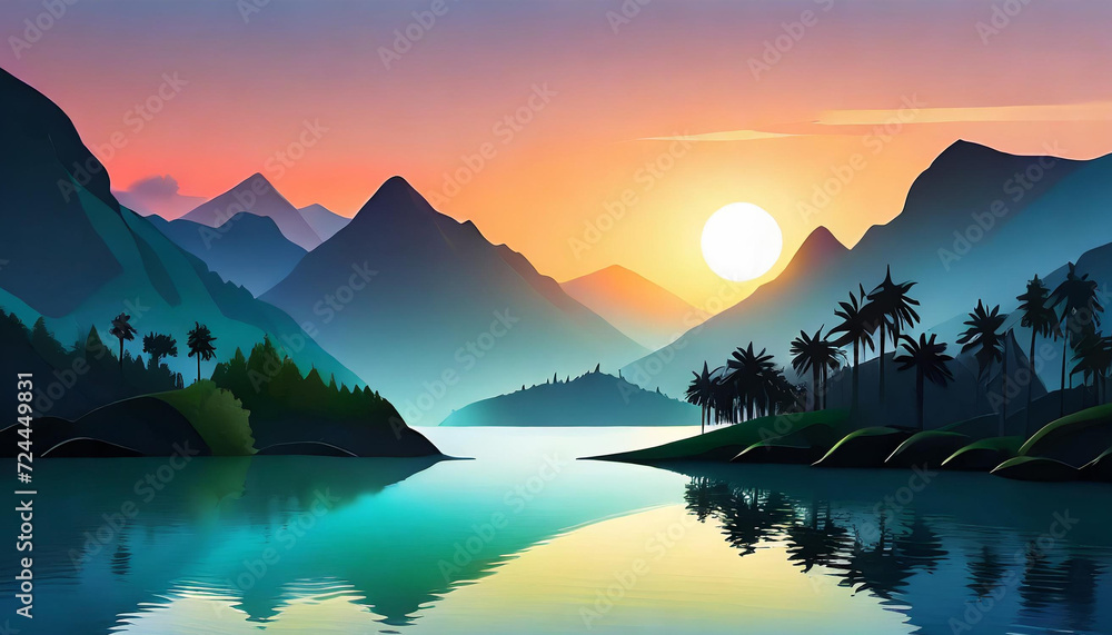 tropical lake from side view at sun set flat art design illustration