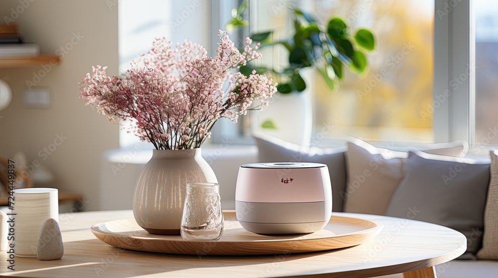 Minimalistic bluetooth speaker on a table in a living room, against a minimalist and light interior. white speaker sits on a coffee table in a living room with a couch and a book. Generative AI Minimalistic bluetooth speaker on a table in a living room, against a minimalist and light interior. white speaker sits on a coffee table in a living room with a couch and a book. Generative AI