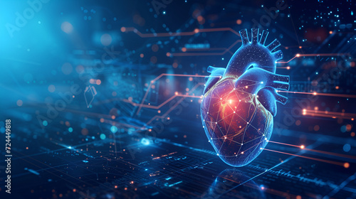 futuristic medical research or heart cardiology health care with diagnosis vitals infographic biometrics for clinical and hospital stethoscope and catheter services as wide banner, generative ai photo