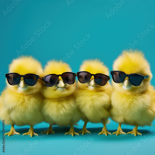 Cute little chicks in sunglasses on a blue background. Easter concept.