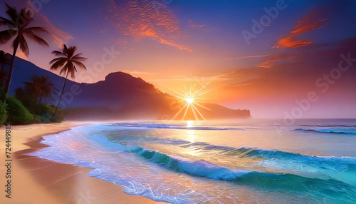 Tropical beach from side view at sun set flat art