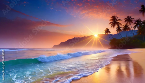 Tropical beach from side view at sun set flat art design illustration