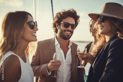 Friends enjoying wine on a boat at sunset