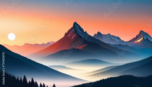 European mountain from side view at sun set flat art design illustration for postcard