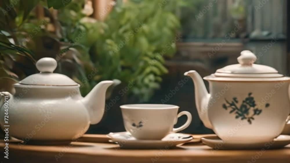 teapot and cup of tea on the table outside with a blurred outdoor green nature view teapot and cup of tea on the table outside with a blurred outdoor green nature view