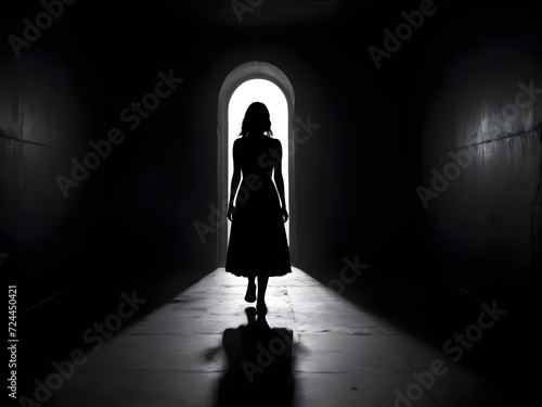 Her silhouette tells a story of caution and fear, heightened by the notion of a potential stalker. AI Generated photo