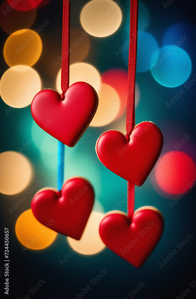 heart cookies hang on laces on a bokeh background. cards for your loved one for Valentine's Day heart cookies hang on laces on a bokeh background. cards for your loved one for Valentine's Day