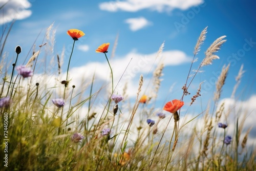 Image of nature  grass  flowers  butterflies on the background of blue sky. Time of year summer. Screensaver  wallpaper.