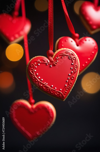 heart cookies hang on laces on a bokeh background. cards for your loved one for Valentine's Day