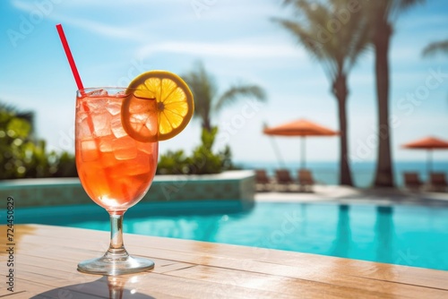 A glass of cocktail by the pool. Sunny bright day, summer, vacation.