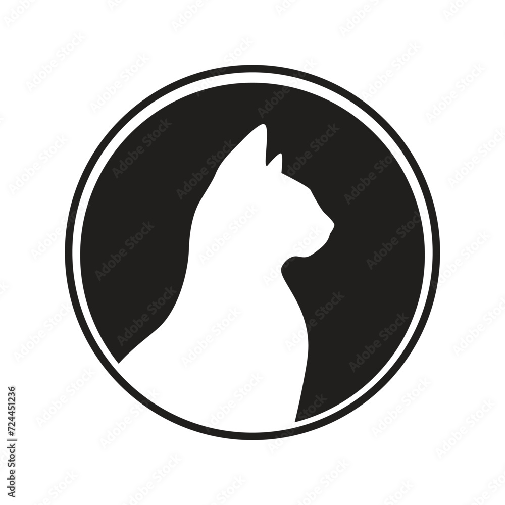 Cat profile black silhouette in a round frame. Vector illustration isolated on a white background