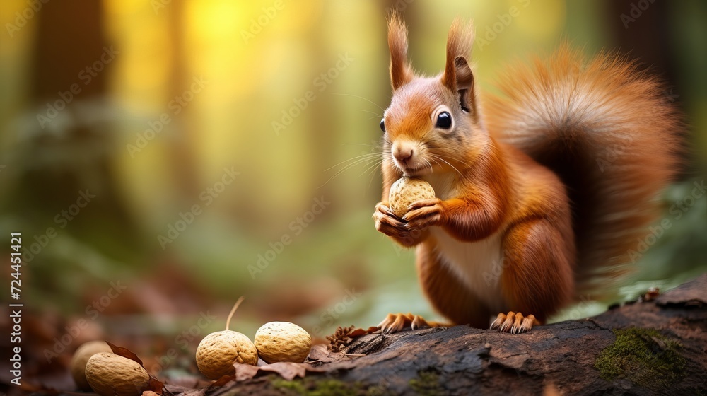 A squirrel holding a nut in its hands among colorful fallen leaves. Autumn wildlife scene in the forest. A squirrel holding a nut in its hands among colorful fallen leaves. Autumn wildlife scene in the forest.