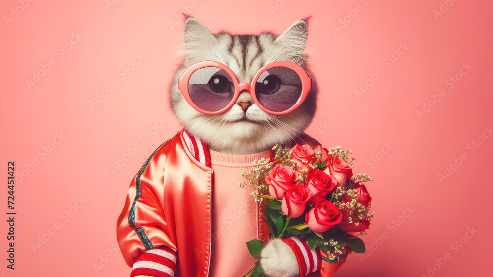Obraz premium Cute funny cat holding with bouquet of roses in Valentines day concept.