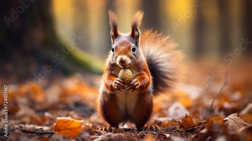 A squirrel holding a nut in its hands among colorful fallen leaves. Autumn wildlife scene in the forest. © Ameer