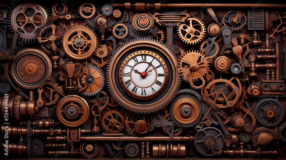 A retro-futuristic vision of a steampunk society with industrial elements and horology