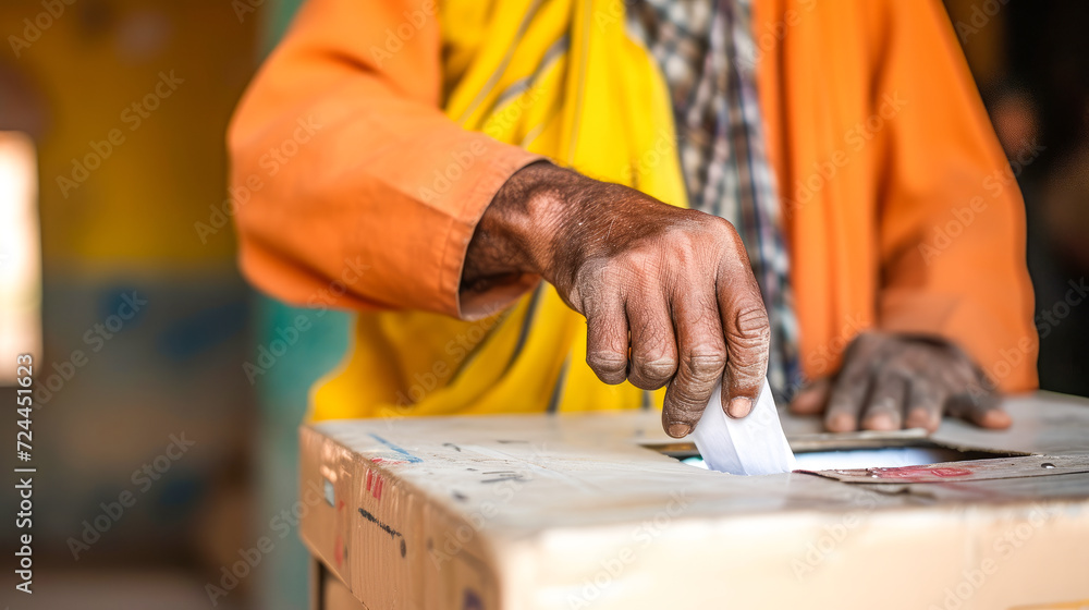 Close-up of an urban labourer casting their vote, showcasing the hardworking spirit of the community