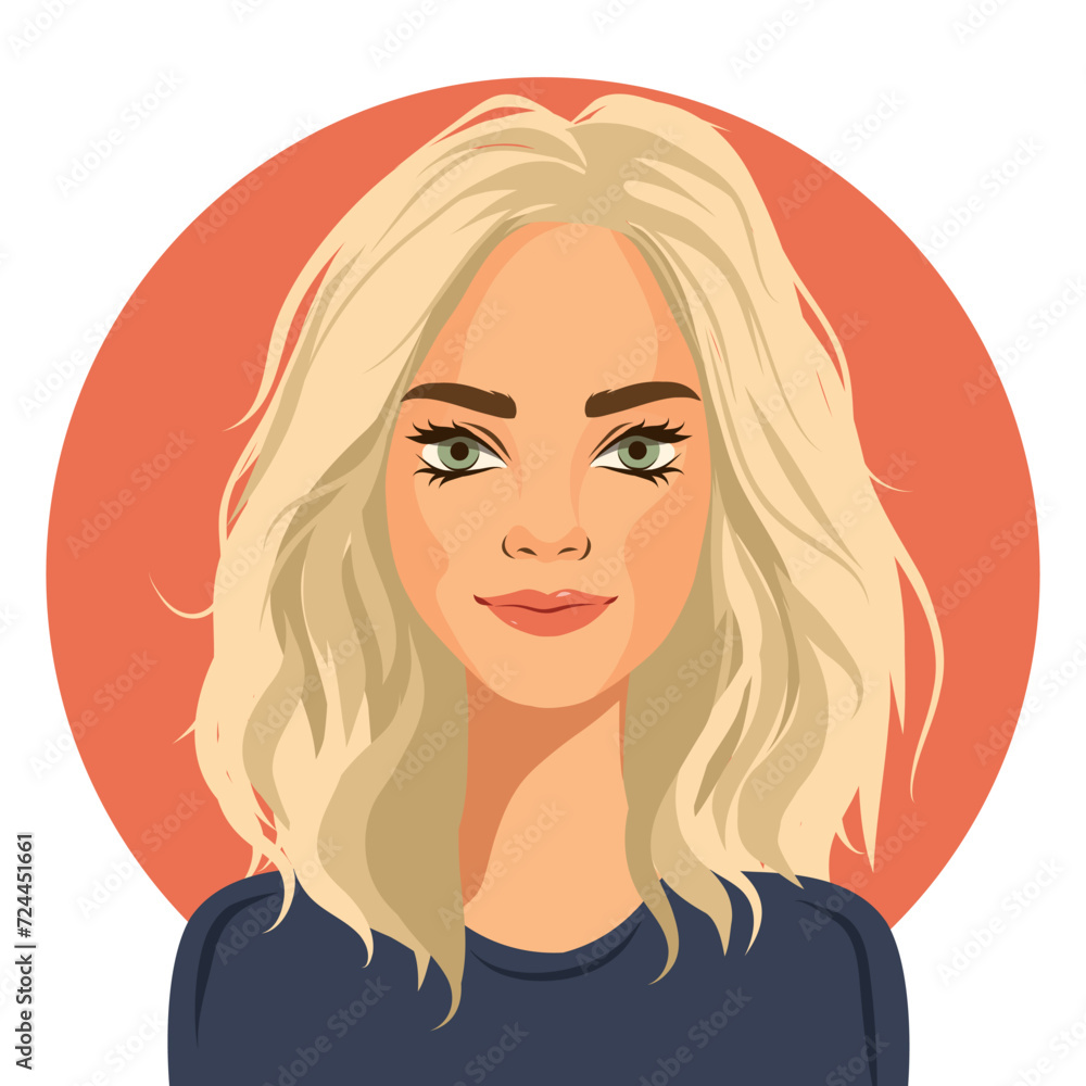 Portrait of a cute blonde girl. Avatar girl. Pink color palette. Hairstyle. Postcard, poster. Icon. Activist. feminism. Vector flat illustration Portrait of a cute blonde girl. Avatar girl. Pink color palette. Hairstyle. Postcard, poster. Icon. Activist. feminism. Vector flat illustration